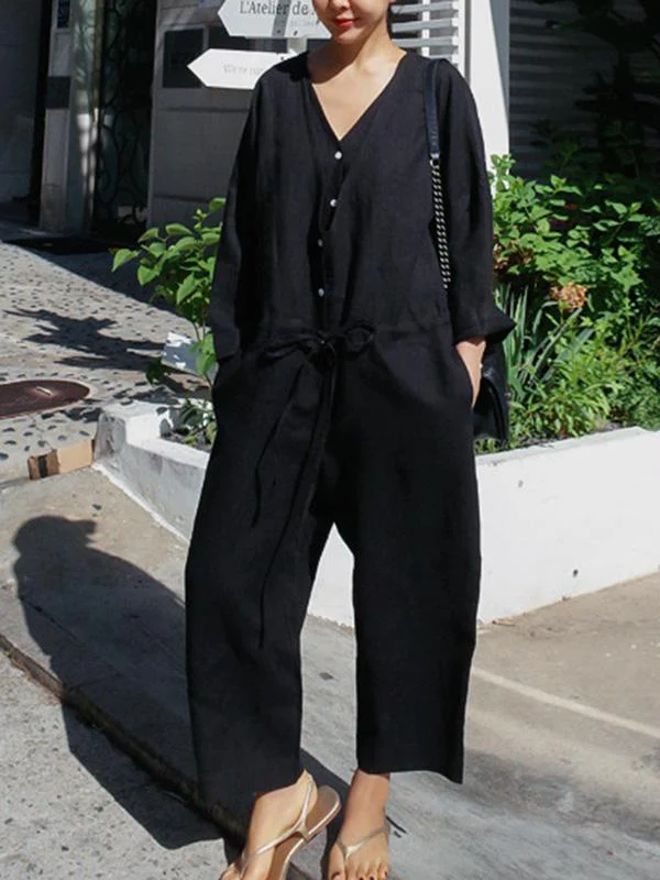 Casual Linen V-neck Jumpsuit - Image 6
