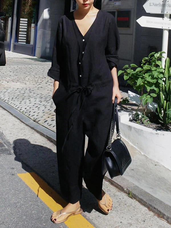 Casual Linen V-neck Jumpsuit - Image 7