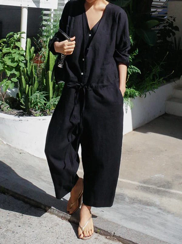 Casual Linen V-neck Jumpsuit - Image 8