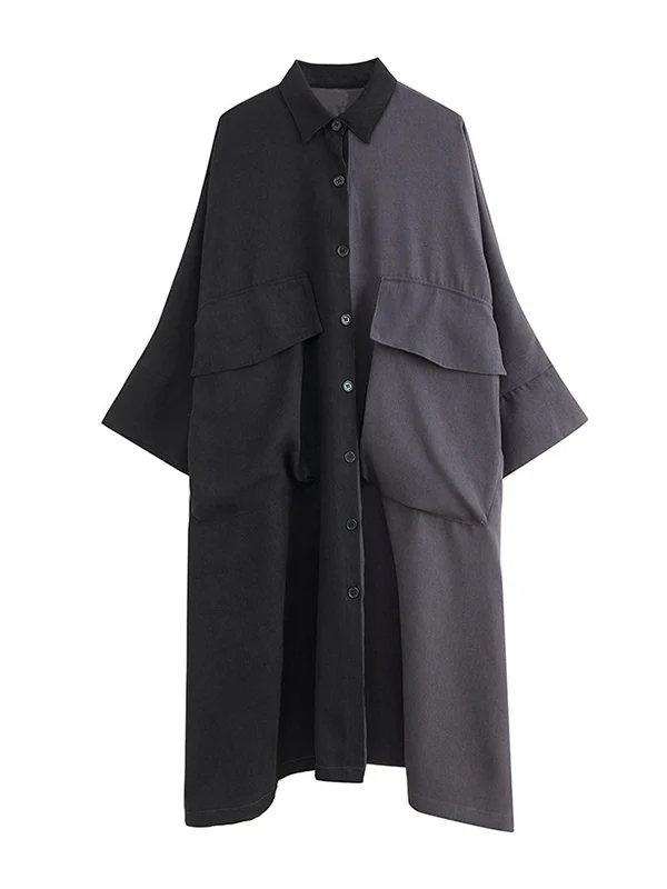 Casual Long Sleeves Loose Buttoned Contrast Color Split-Joint Lapel Collar Midi Dresses - Image 10