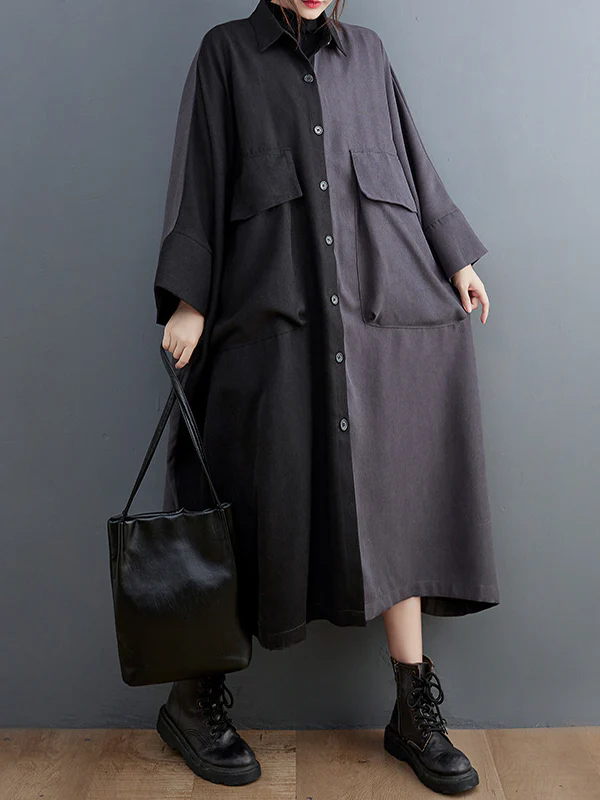 Casual Long Sleeves Loose Buttoned Contrast Color Split-Joint Lapel Collar Midi Dresses - Image 2
