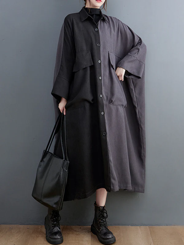 Casual Long Sleeves Loose Buttoned Contrast Color Split-Joint Lapel Collar Midi Dresses - Image 3