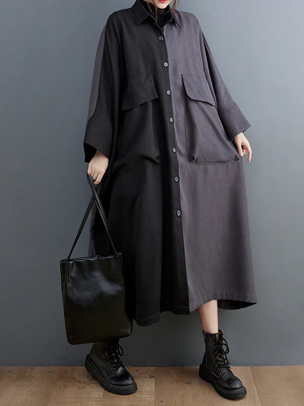 Casual Long Sleeves Loose Buttoned Contrast Color Split-Joint Lapel Collar Midi Dresses - Image 4