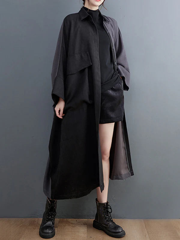 Casual Long Sleeves Loose Buttoned Contrast Color Split-Joint Lapel Collar Midi Dresses - Image 5