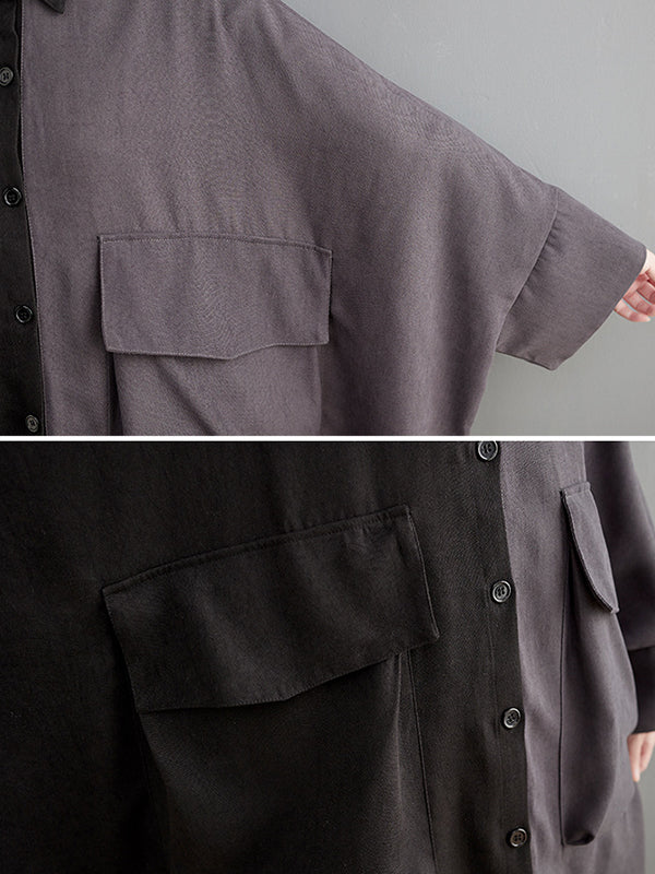 Casual Long Sleeves Loose Buttoned Contrast Color Split-Joint Lapel Collar Midi Dresses - Image 8
