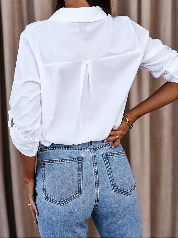 Casual Long Sleeves Loose Buttoned Solid Color Lapel Collar Blouses&Shirts Tops - Image 6