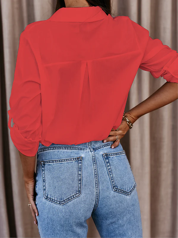 Casual Long Sleeves Loose Buttoned Solid Color Lapel Collar Blouses&Shirts Tops - Image 8