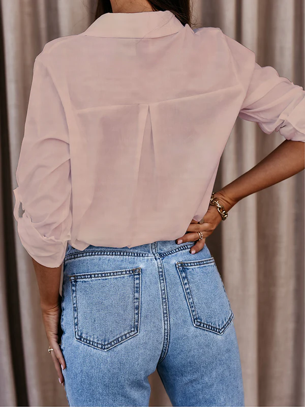 Casual Long Sleeves Loose Buttoned Solid Color Lapel Collar Blouses&Shirts Tops - Image 9