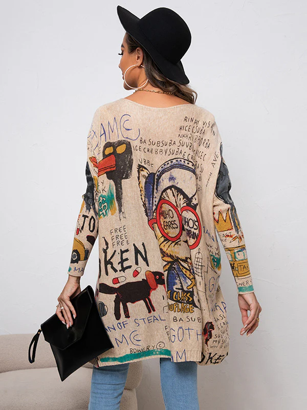 Casual Long Sleeves Loose Cartoon Printed Contrast Color Round-Neck Sweater Tops - Image 10