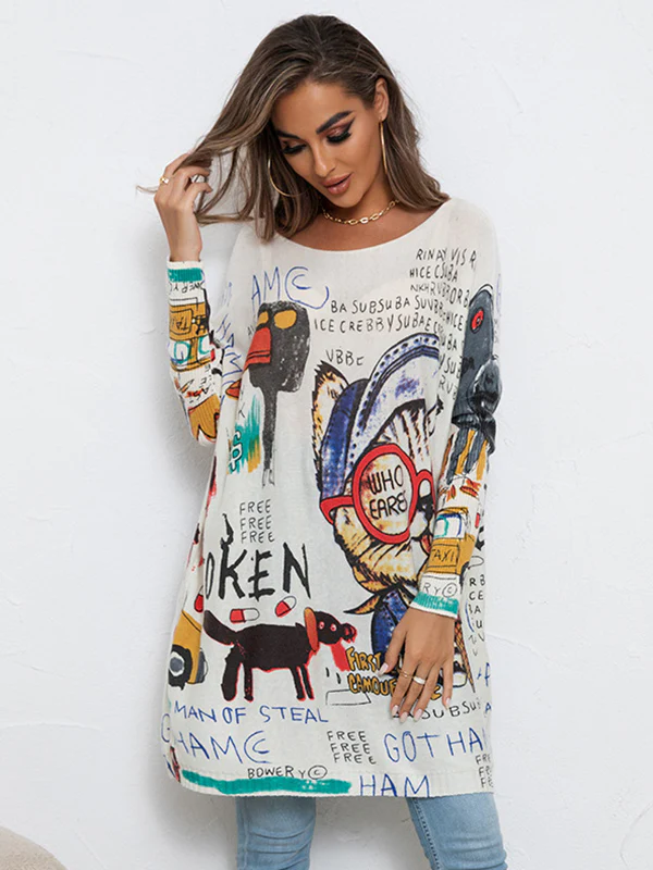 Casual Long Sleeves Loose Cartoon Printed Contrast Color Round-Neck Sweater Tops - Image 2