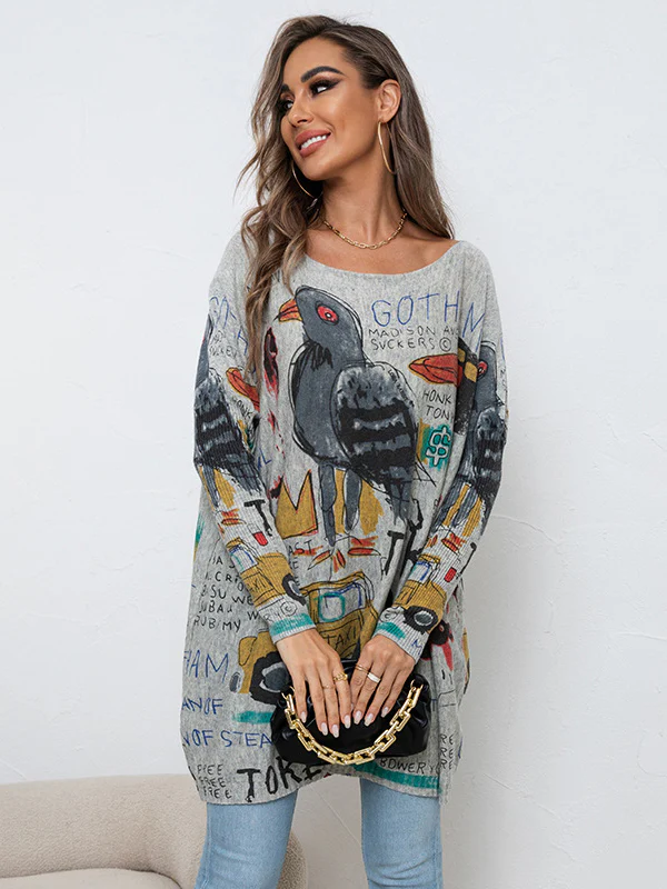 Casual Long Sleeves Loose Cartoon Printed Contrast Color Round-Neck Sweater Tops - Image 4