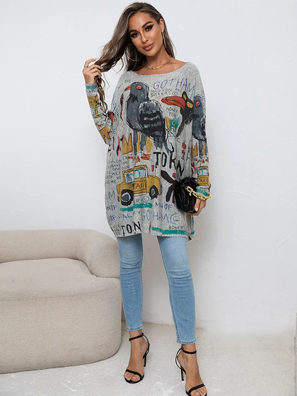 Casual Long Sleeves Loose Cartoon Printed Contrast Color Round-Neck Sweater Tops - Image 5