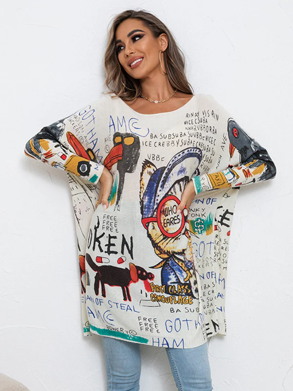 Casual Long Sleeves Loose Cartoon Printed Contrast Color Round-Neck Sweater Tops - Image 7