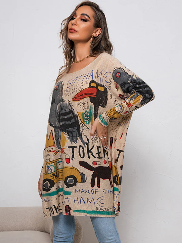Casual Long Sleeves Loose Cartoon Printed Contrast Color Round-Neck Sweater Tops - Image 9
