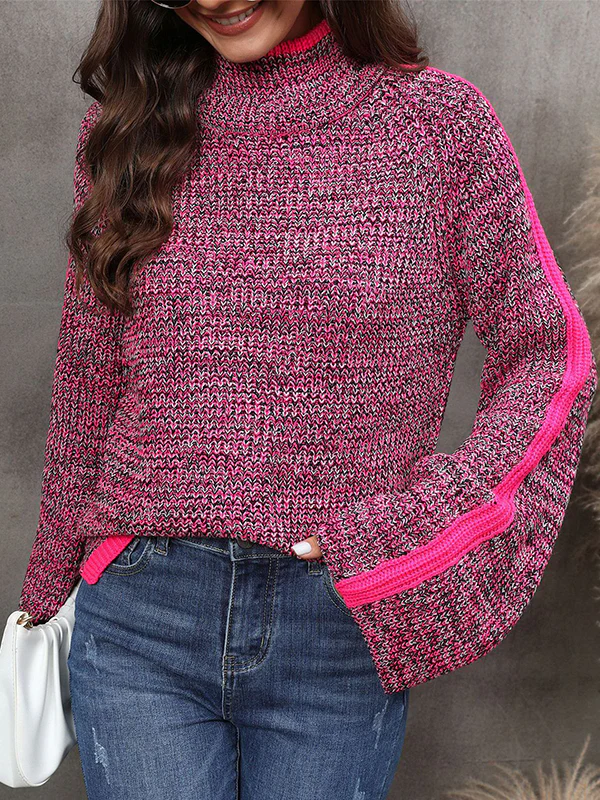 Casual Long Sleeves Loose Contrast Color Half Turtleneck Sweater Tops - Image 12