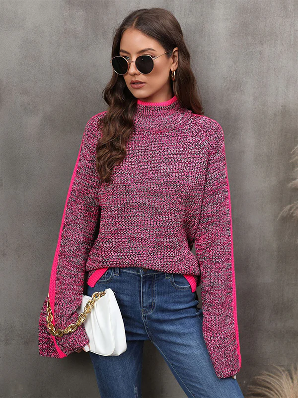 Casual Long Sleeves Loose Contrast Color Half Turtleneck Sweater Tops - Image 13