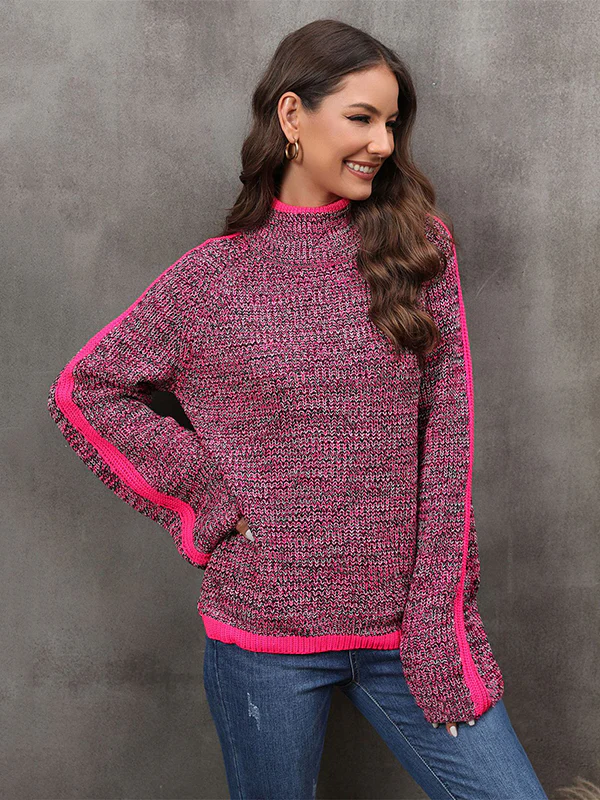 Casual Long Sleeves Loose Contrast Color Half Turtleneck Sweater Tops - Image 14