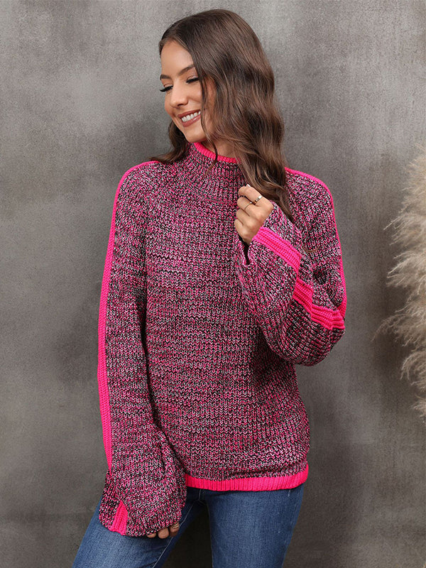 Casual Long Sleeves Loose Contrast Color Half Turtleneck Sweater Tops - Image 15