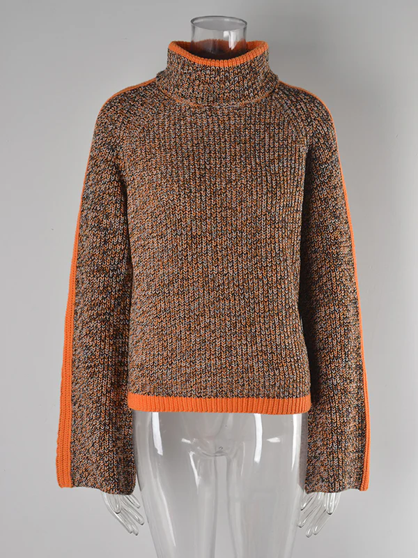 Casual Long Sleeves Loose Contrast Color Half Turtleneck Sweater Tops - Image 19