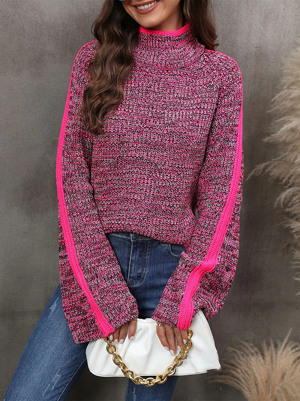 Casual Long Sleeves Loose Contrast Color Half Turtleneck Sweater Tops - Image 2
