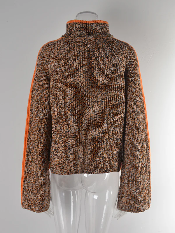 Casual Long Sleeves Loose Contrast Color Half Turtleneck Sweater Tops - Image 21
