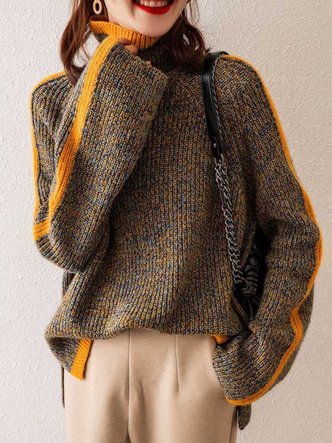 Casual Long Sleeves Loose Contrast Color Half Turtleneck Sweater Tops - Image 3