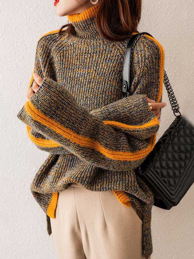 Casual Long Sleeves Loose Contrast Color Half Turtleneck Sweater Tops - Image 4
