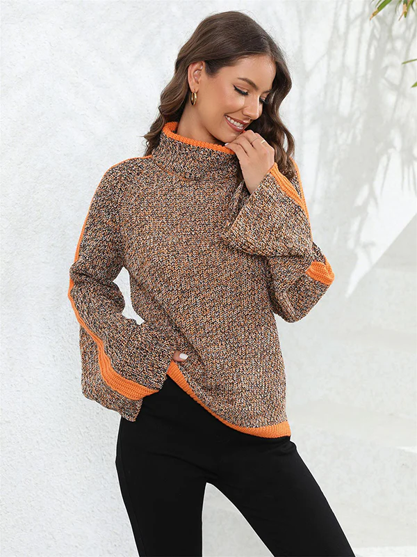 Casual Long Sleeves Loose Contrast Color Half Turtleneck Sweater Tops - Image 7
