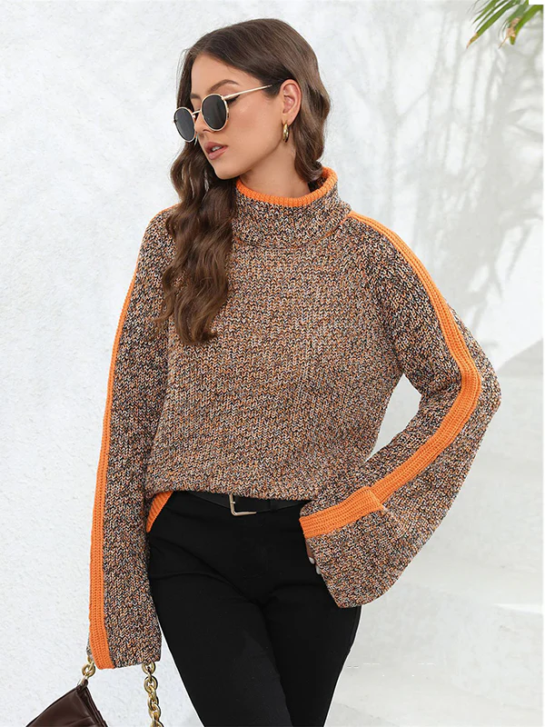 Casual Long Sleeves Loose Contrast Color Half Turtleneck Sweater Tops - Image 9