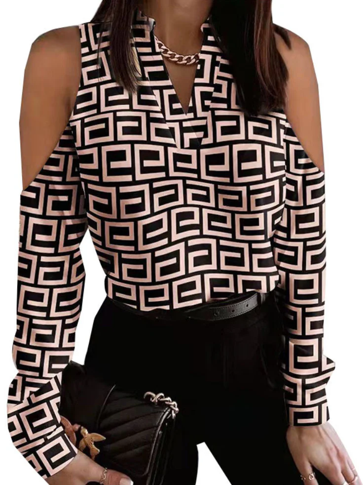 Casual Long Sleeves Loose Contrast Color Hollow V-Neck Blouses&Shirts Tops - Image 2