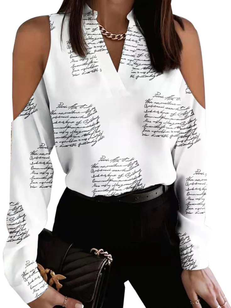Casual Long Sleeves Loose Letter Print Hollow V-Neck Blouses&Shirts Tops - Image 2