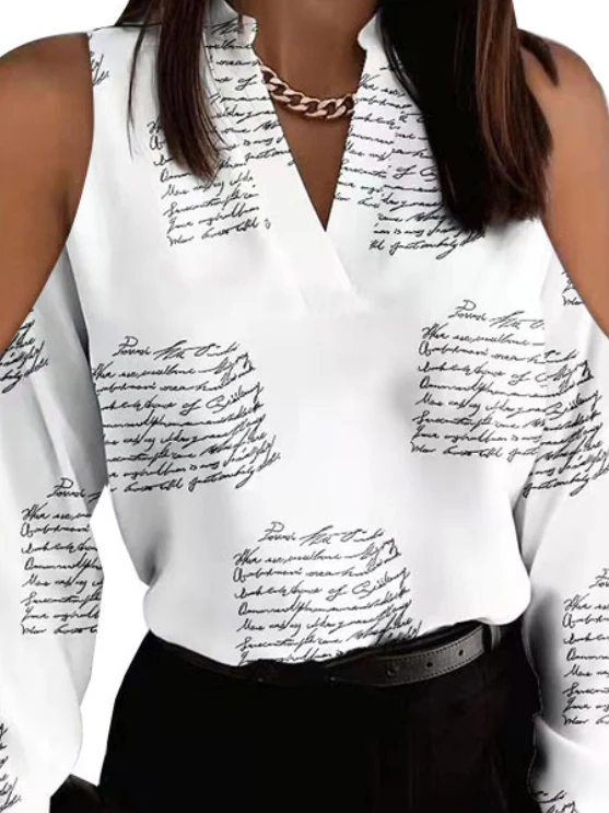 Casual Long Sleeves Loose Letter Print Hollow V-Neck Blouses&Shirts Tops - Image 3