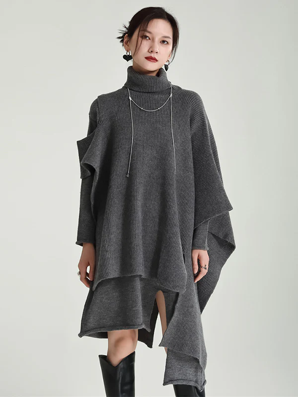 Casual Long Sleeves Loose Solid Color High-Neck Shawl&Sweater Dresses Two Pieces Set - Image 10