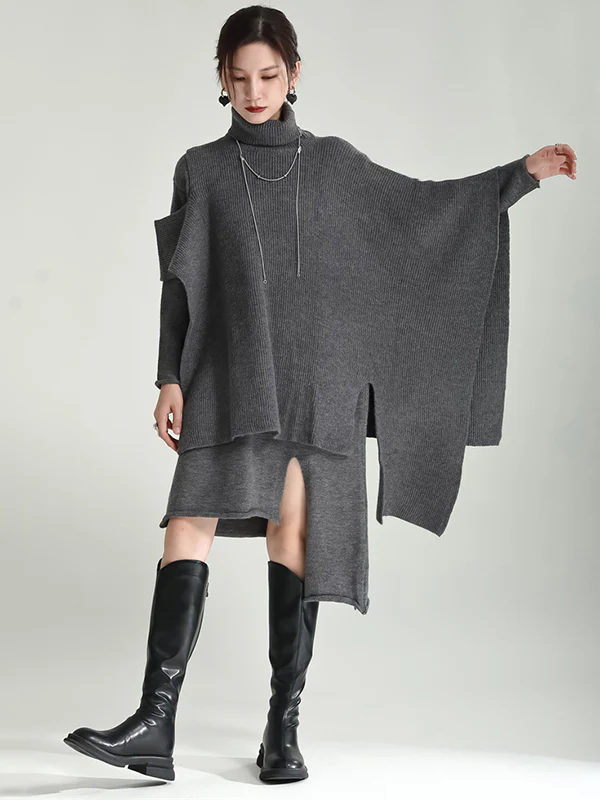 Casual Long Sleeves Loose Solid Color High-Neck Shawl&Sweater Dresses Two Pieces Set - Image 14