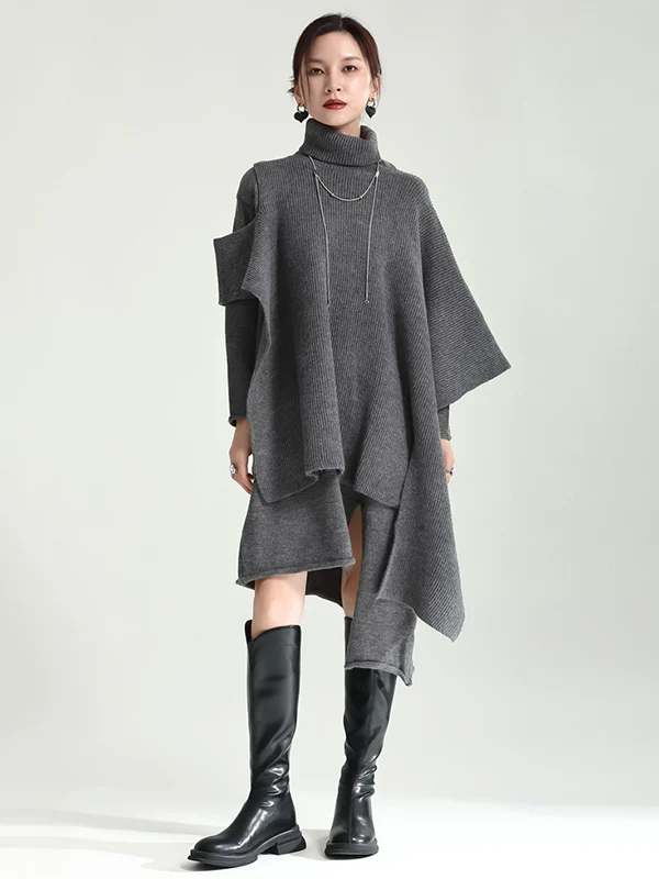 Casual Long Sleeves Loose Solid Color High-Neck Shawl&Sweater Dresses Two Pieces Set - Image 15
