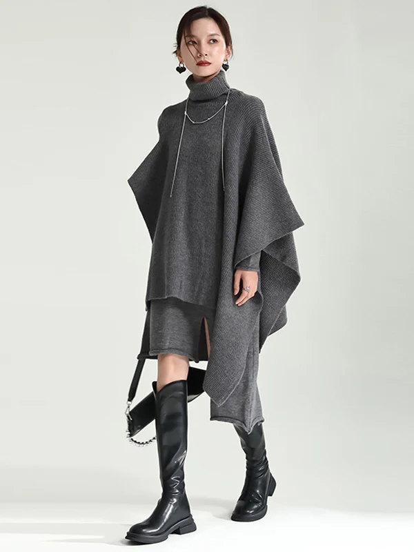 Casual Long Sleeves Loose Solid Color High-Neck Shawl&Sweater Dresses Two Pieces Set - Image 16