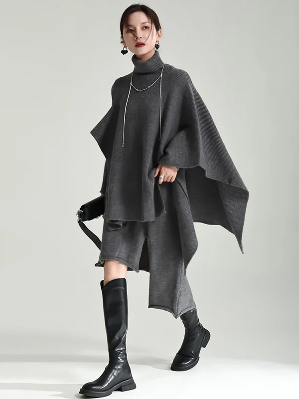 Casual Long Sleeves Loose Solid Color High-Neck Shawl&Sweater Dresses Two Pieces Set - Image 17