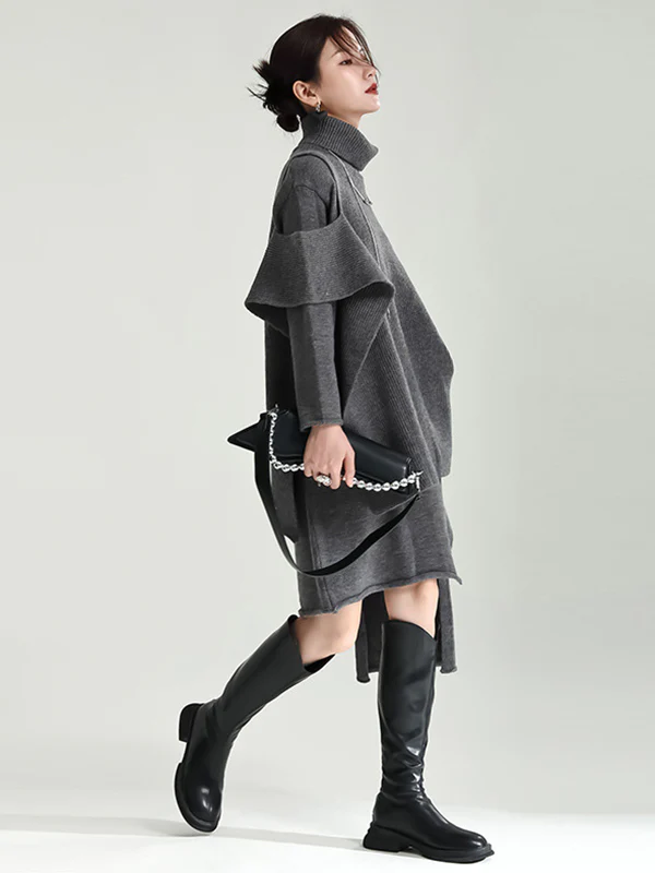 Casual Long Sleeves Loose Solid Color High-Neck Shawl&Sweater Dresses Two Pieces Set - Image 18