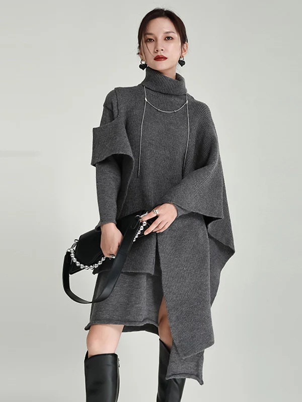 Casual Long Sleeves Loose Solid Color High-Neck Shawl&Sweater Dresses Two Pieces Set - Image 2