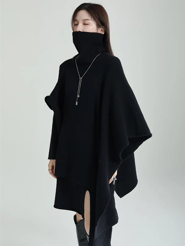 Casual Long Sleeves Loose Solid Color High-Neck Shawl&Sweater Dresses Two Pieces Set - Image 3