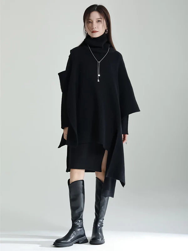 Casual Long Sleeves Loose Solid Color High-Neck Shawl&Sweater Dresses Two Pieces Set - Image 6