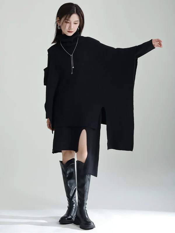 Casual Long Sleeves Loose Solid Color High-Neck Shawl&Sweater Dresses Two Pieces Set - Image 7