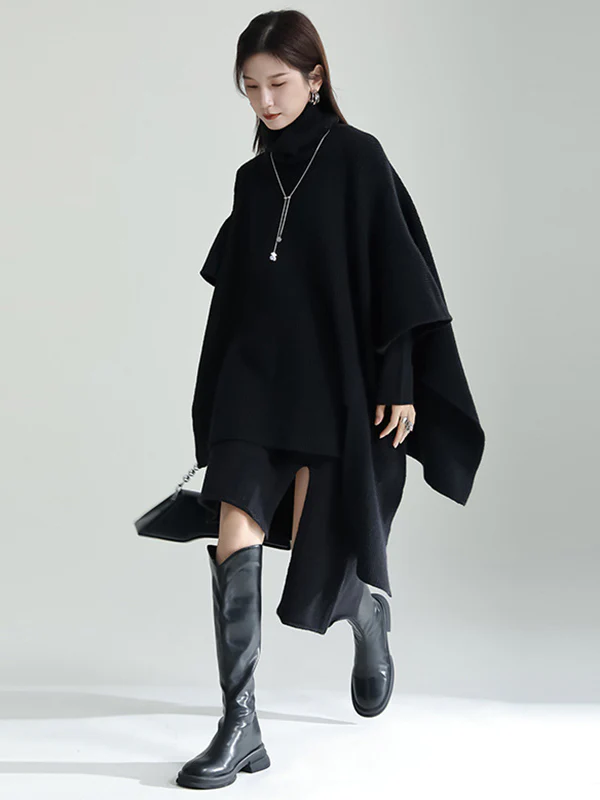 Casual Long Sleeves Loose Solid Color High-Neck Shawl&Sweater Dresses Two Pieces Set - Image 8