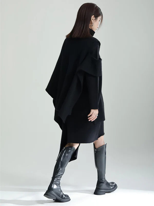 Casual Long Sleeves Loose Solid Color High-Neck Shawl&Sweater Dresses Two Pieces Set - Image 9