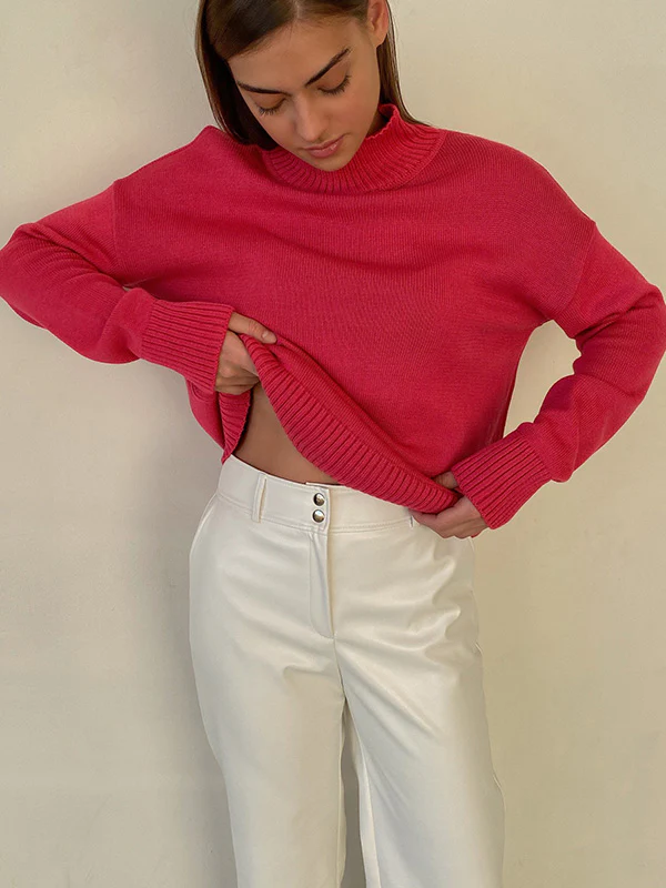 Casual Long Sleeves Loose Solid Color High-Neck Sweater Tops - Image 10