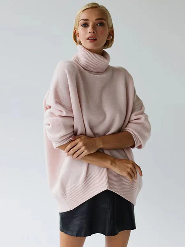 Casual Long Sleeves Loose Solid Color High-Neck Sweater Tops - Image 2