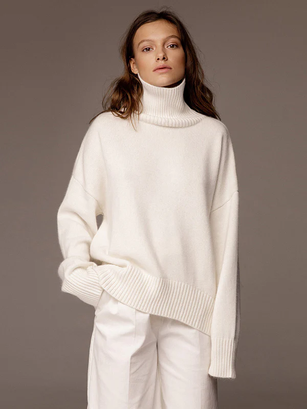 Casual Long Sleeves Loose Solid Color High-Neck Sweater Tops - Image 3