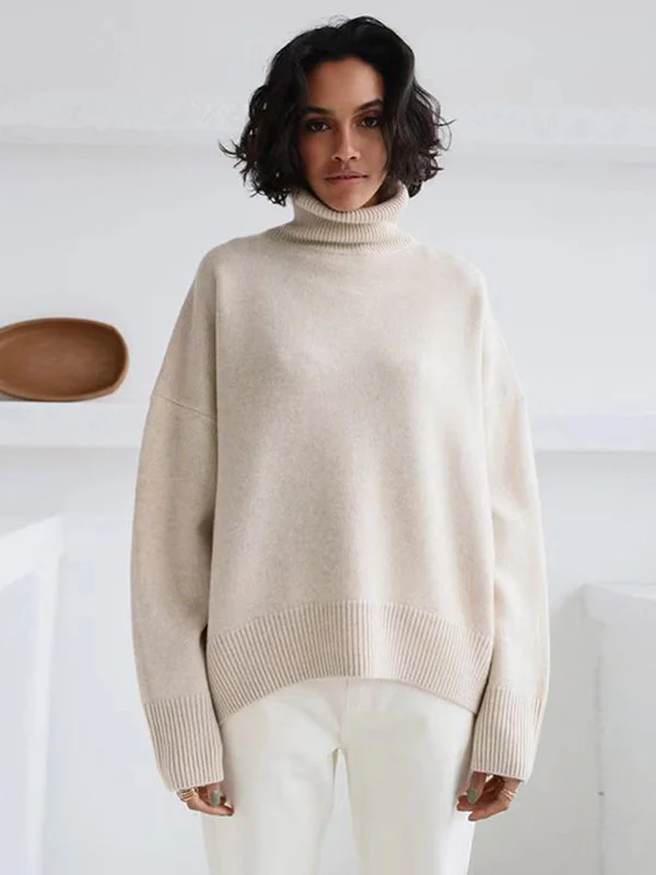 Casual Long Sleeves Loose Solid Color High-Neck Sweater Tops - Image 4
