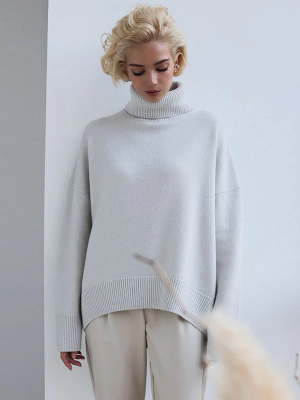 Casual Long Sleeves Loose Solid Color High-Neck Sweater Tops - Image 5