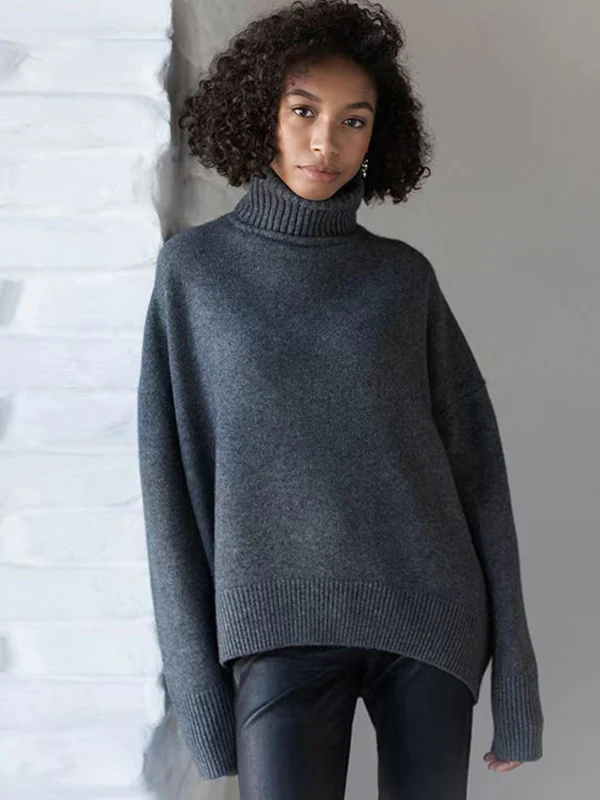 Casual Long Sleeves Loose Solid Color High-Neck Sweater Tops - Image 6